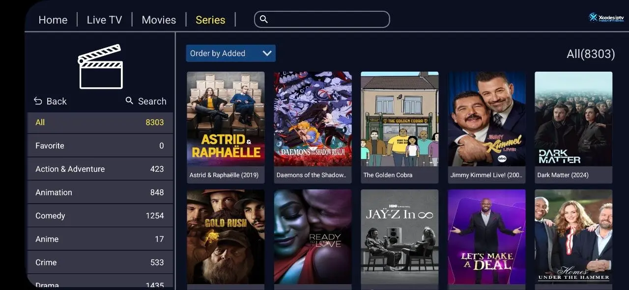 XCodes IPTV series library sorted by genre with search